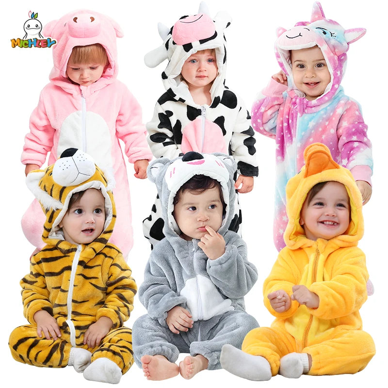 NovibebeCo. Baby Animal Hooded Flannel Halloween Jumpsuit - Panda, Tiger, Duck & More