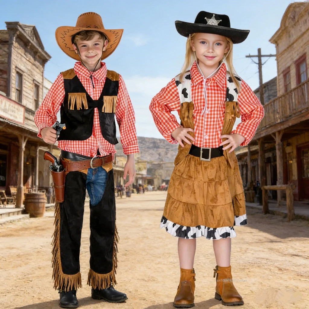 NovibebeCo. Kids Western Cowboy Halloween Costume - Checkered Vest & Skirt Set