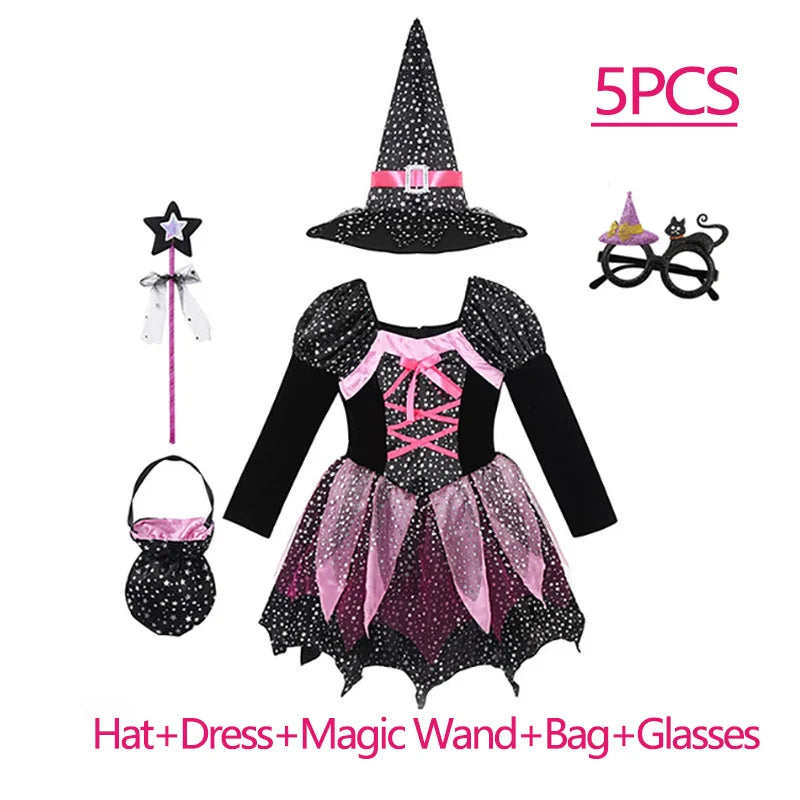 Girls’ Halloween Witch Costume Set with Hat & Wand