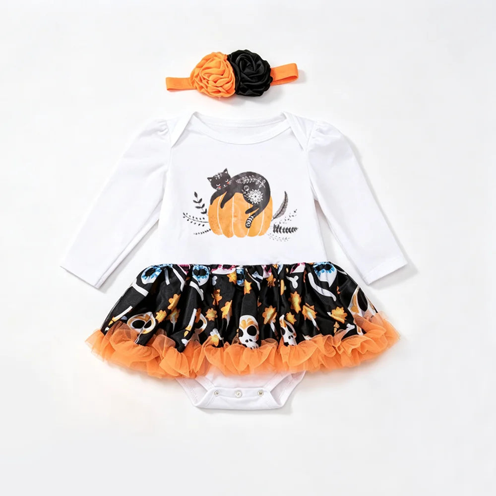 NovibebeCo. Baby Girl Halloween Tutu Romper Set - Pumpkin, Skull & Bat Print with Headband & Shoes