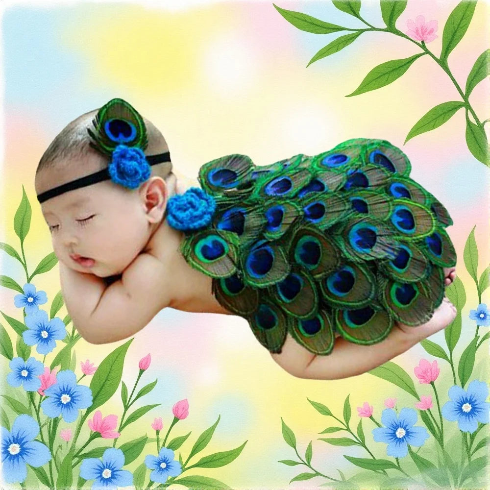 NovibebeCo. Newborn Peacock Halloween Costume & Photo Prop with Feather Wings