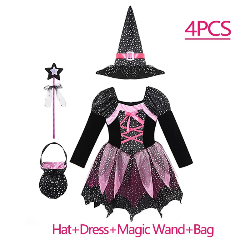 Girls’ Halloween Witch Costume Set with Hat & Wand