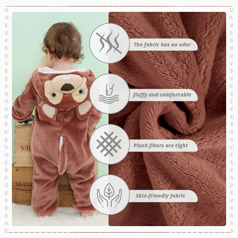 NovibebeCo. Baby Animal Hooded Flannel Halloween Jumpsuit - Panda, Tiger, Duck & More