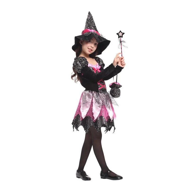 Girls’ Halloween Witch Costume Set with Hat & Wand