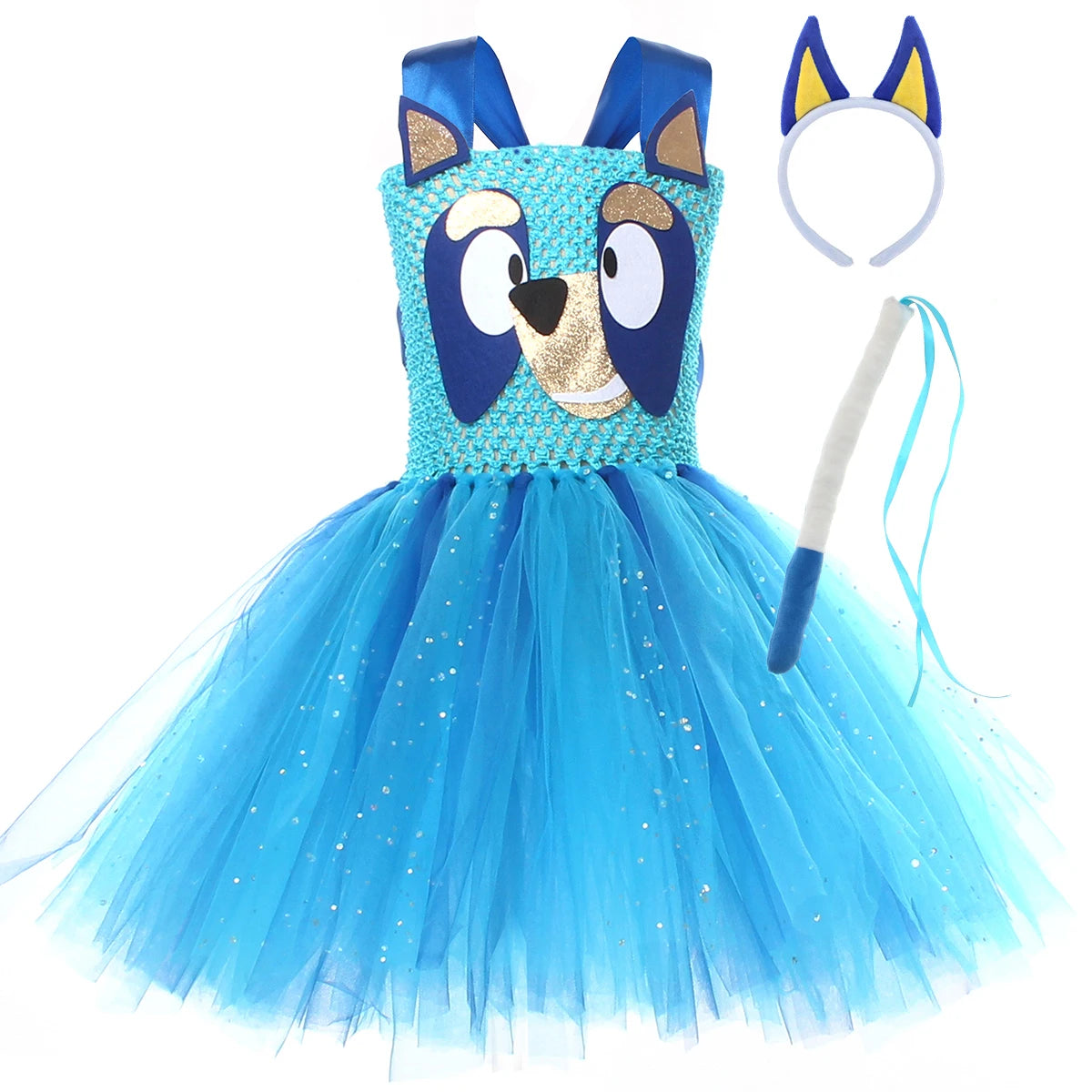 NovibebeCo. Girls Halloween Blue Doggy Tutu Dress Costume with Headband & Tail