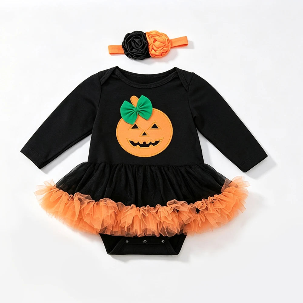 NovibebeCo. Baby Girl Halloween Tutu Romper Set - Pumpkin, Skull & Bat Print with Headband & Shoes