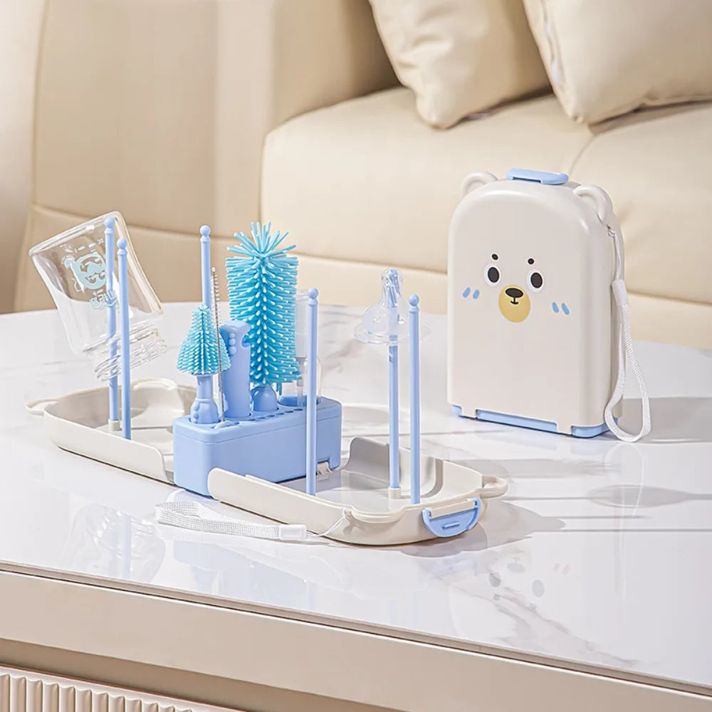 6-in-1 Baby Bottle Brush Set Built-in Drain Rack Drying Rack Nipple Straw Cleaning Brush Space Saving Portable