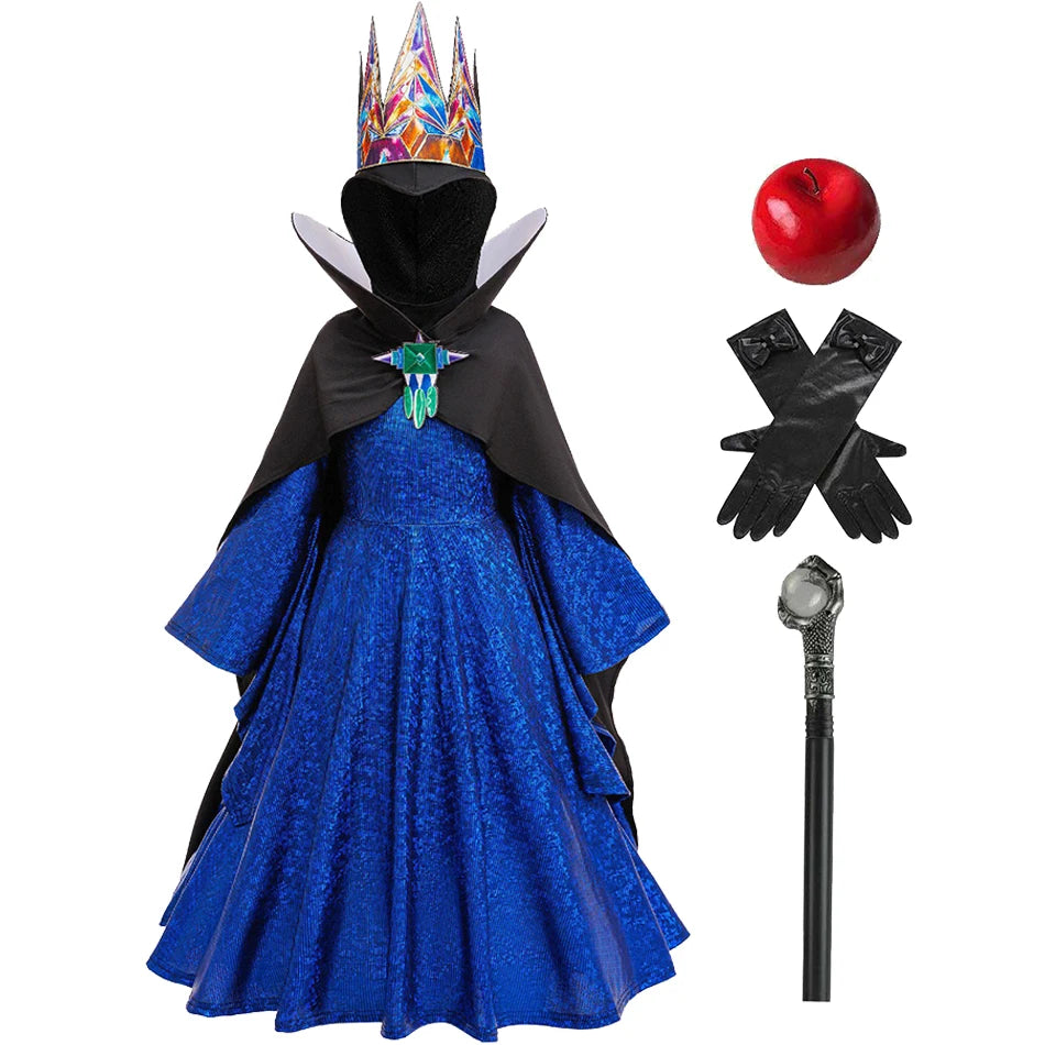 NovibebeCo. Girls Evil Queen Halloween Costume - Blue Gown, Black Cloak & Crown