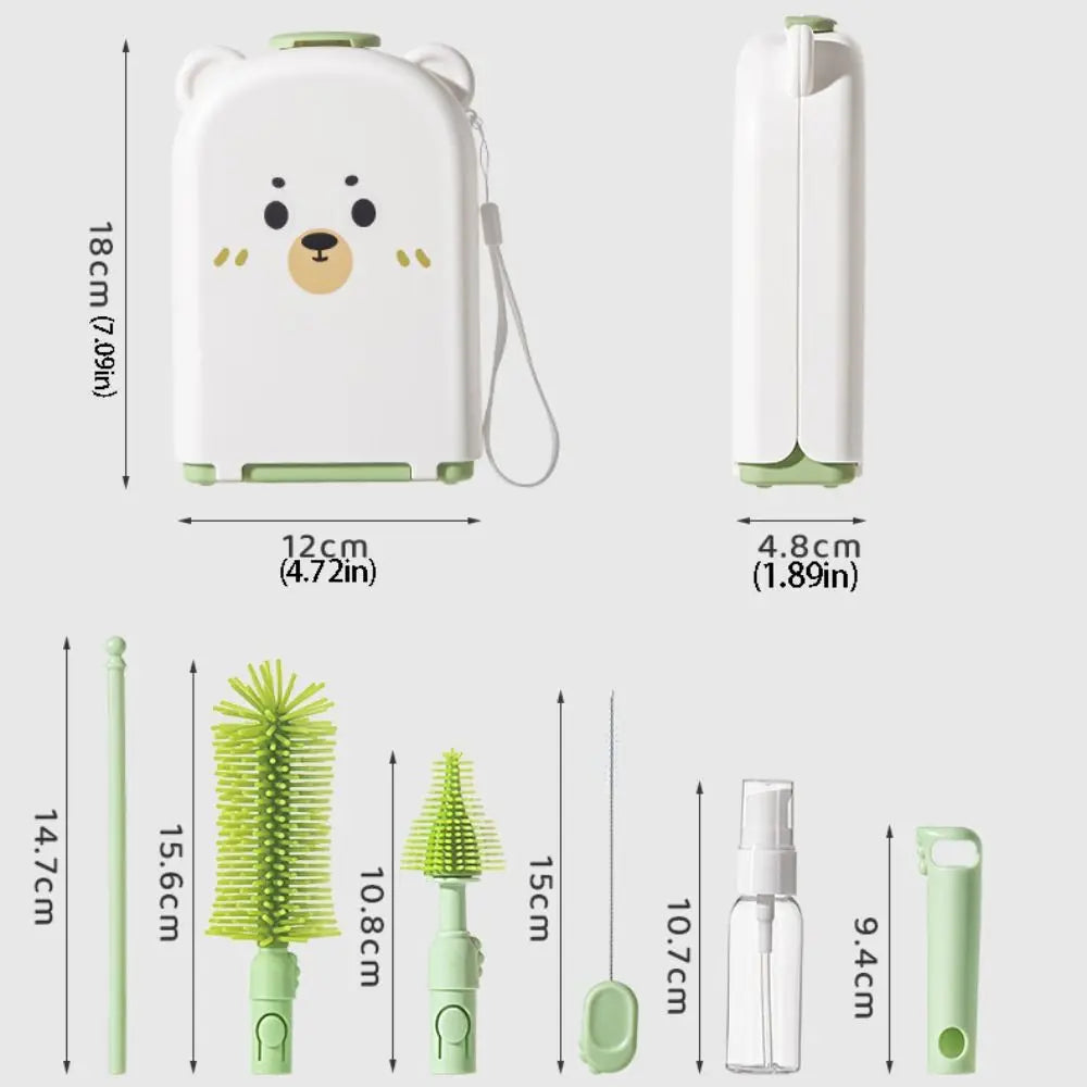 6-in-1 Baby Bottle Brush Set Built-in Drain Rack Drying Rack Nipple Straw Cleaning Brush Space Saving Portable