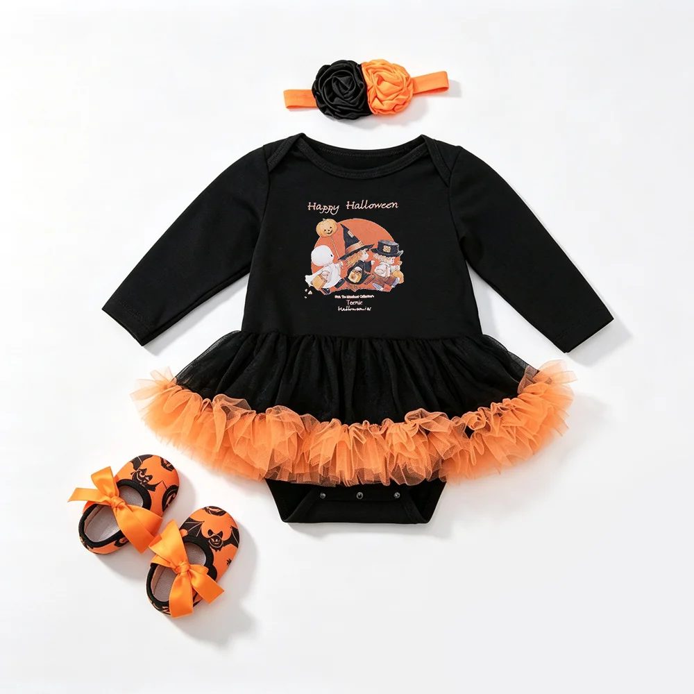 NovibebeCo. Baby Girl Halloween Tutu Romper Set - Pumpkin, Skull & Bat Print with Headband & Shoes