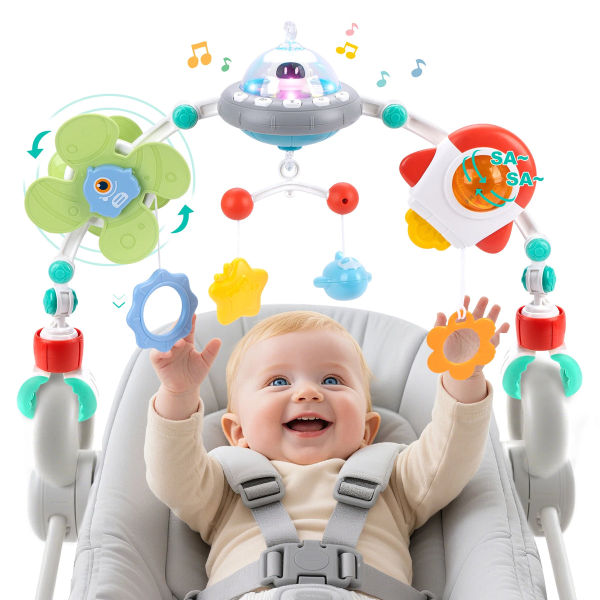 Musical Baby Stroller Arch — Rotating Sensory Toy