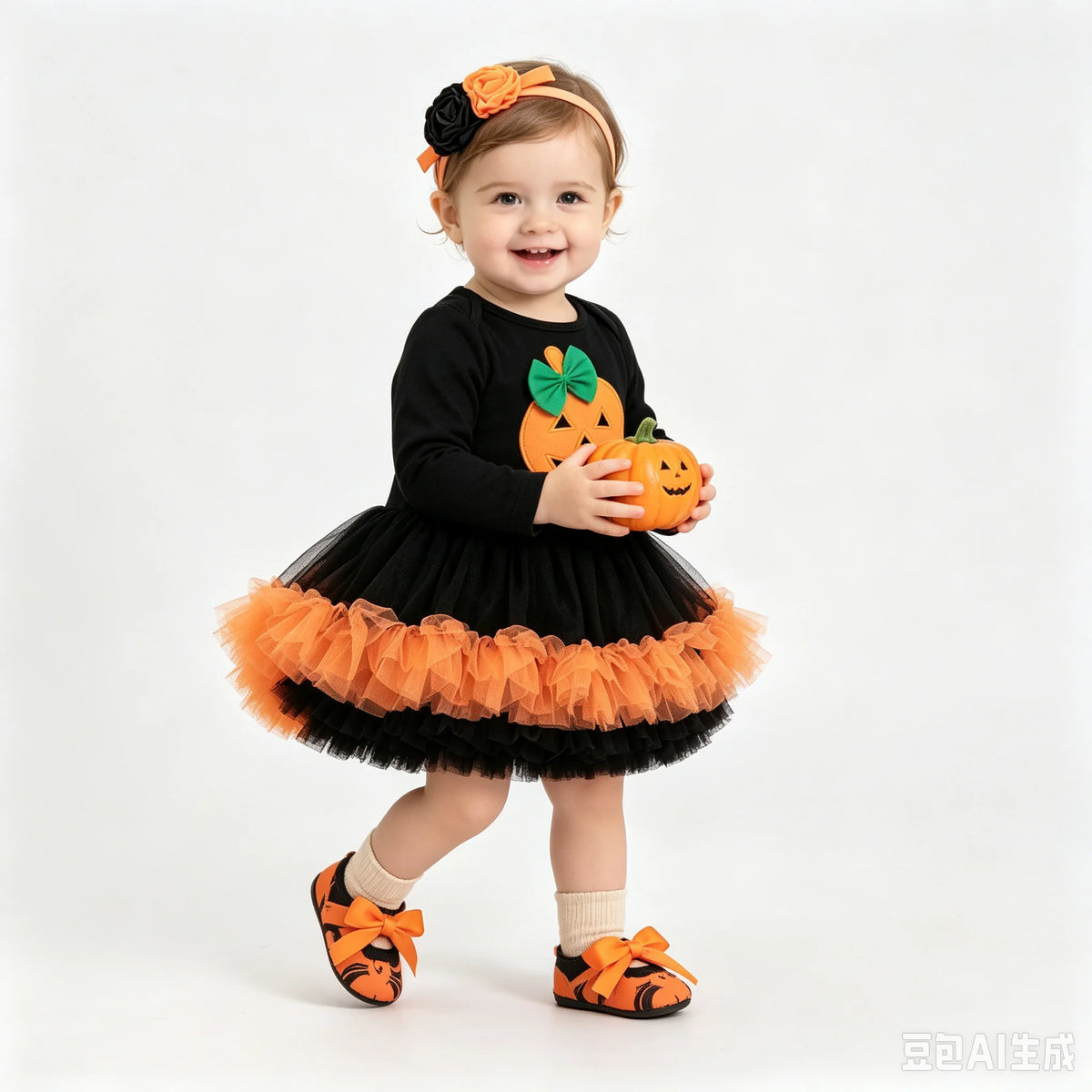 NovibebeCo. Baby Girl Halloween Tutu Romper Set - Pumpkin, Skull & Bat Print with Headband & Shoes