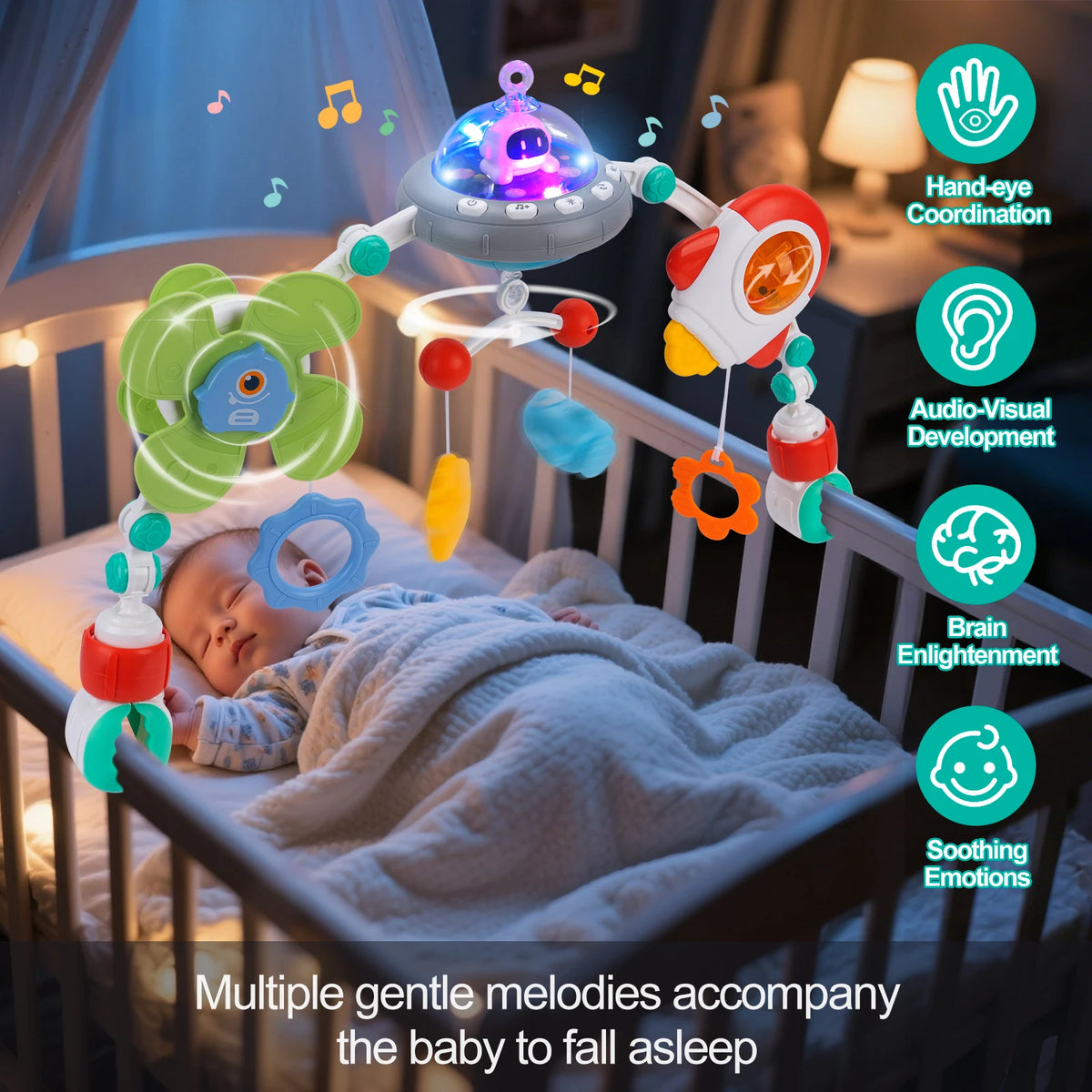 Musical Baby Stroller Arch — Rotating Sensory Toy