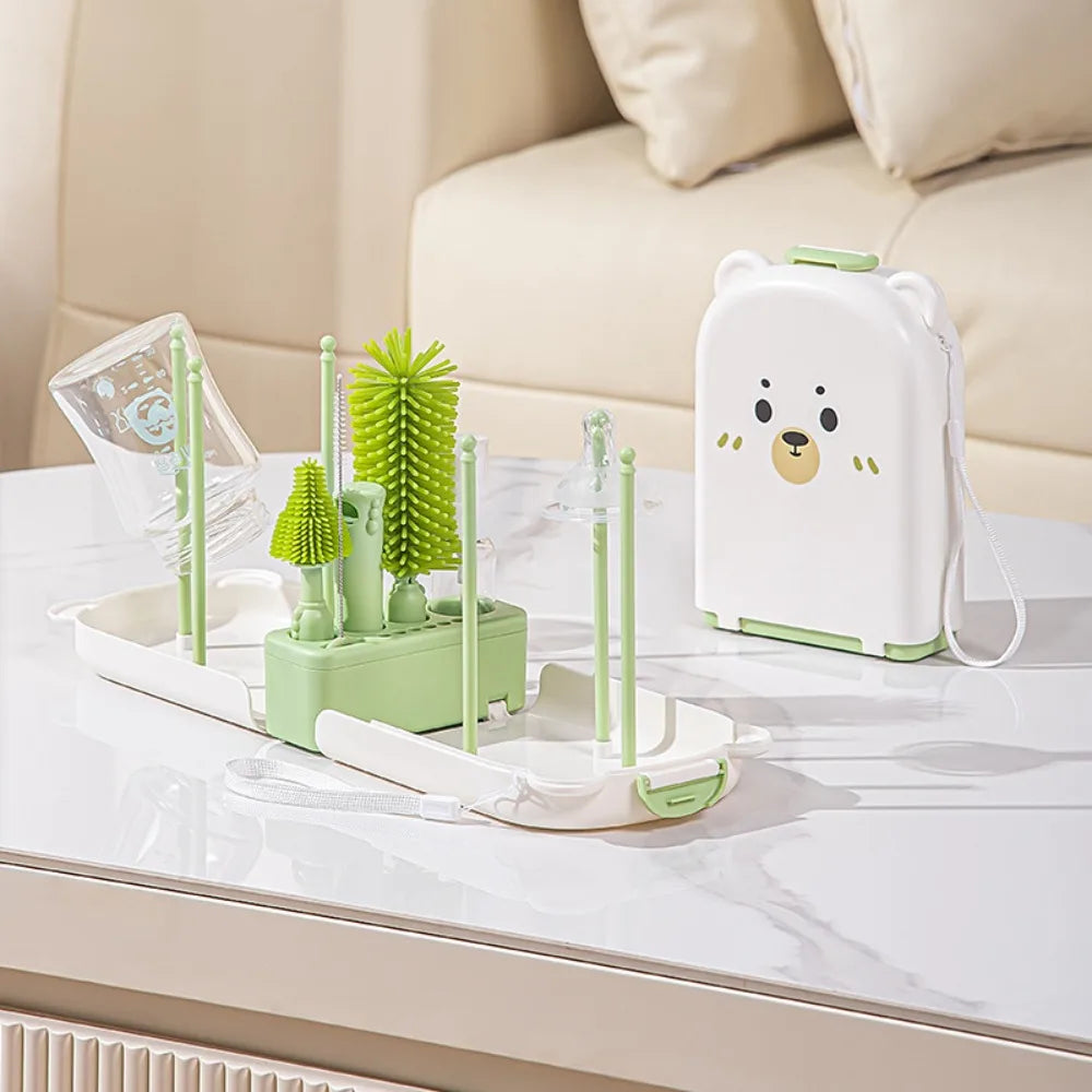6-in-1 Baby Bottle Brush Set Built-in Drain Rack Drying Rack Nipple Straw Cleaning Brush Space Saving Portable