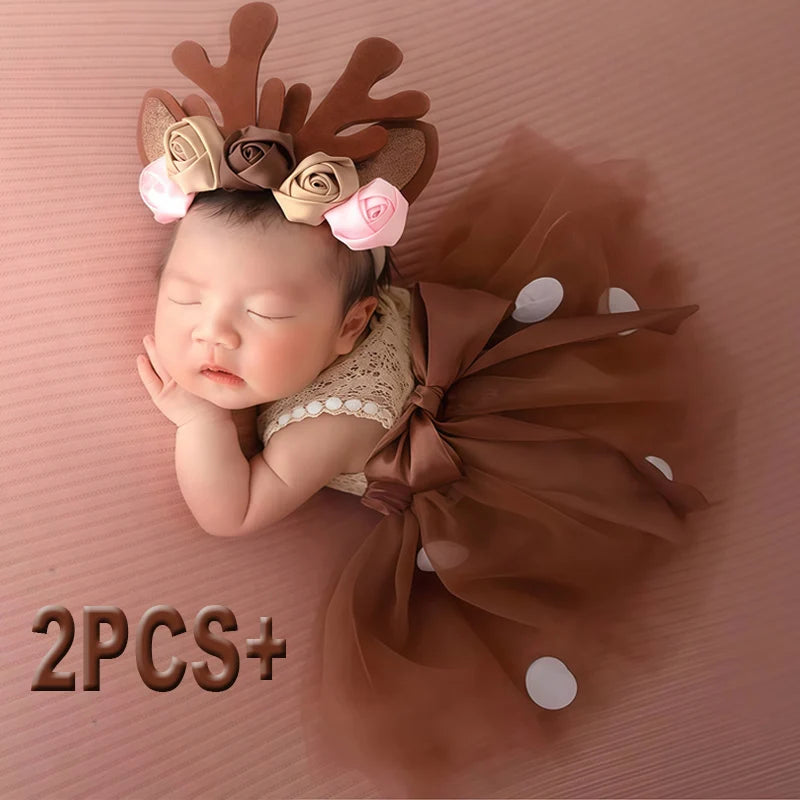 NovibebeCo. Baby Deer Reindeer Tutu Skirt Costume Set with Antler Headband
