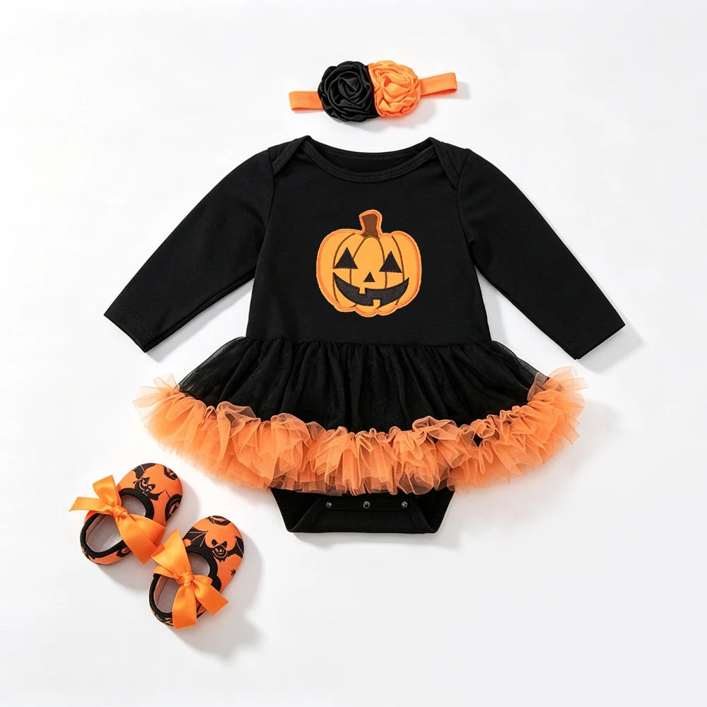 NovibebeCo. Baby Girl Halloween Tutu Romper Set - Pumpkin, Skull & Bat Print with Headband & Shoes