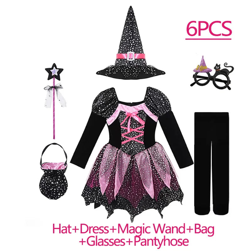 Girls’ Halloween Witch Costume Set with Hat & Wand