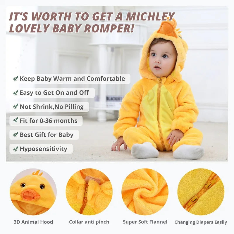 NovibebeCo. Baby Animal Hooded Flannel Halloween Jumpsuit - Panda, Tiger, Duck & More