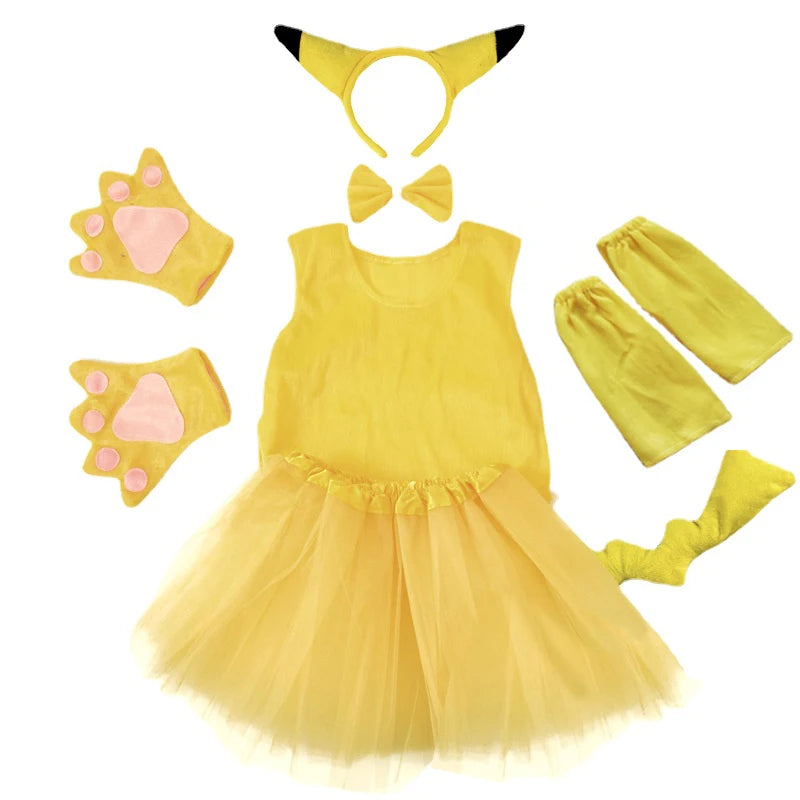 NovibebeCo. Kids Pikachu Pokémon Halloween Cosplay Costume Set with Headwear, Gloves & Tail