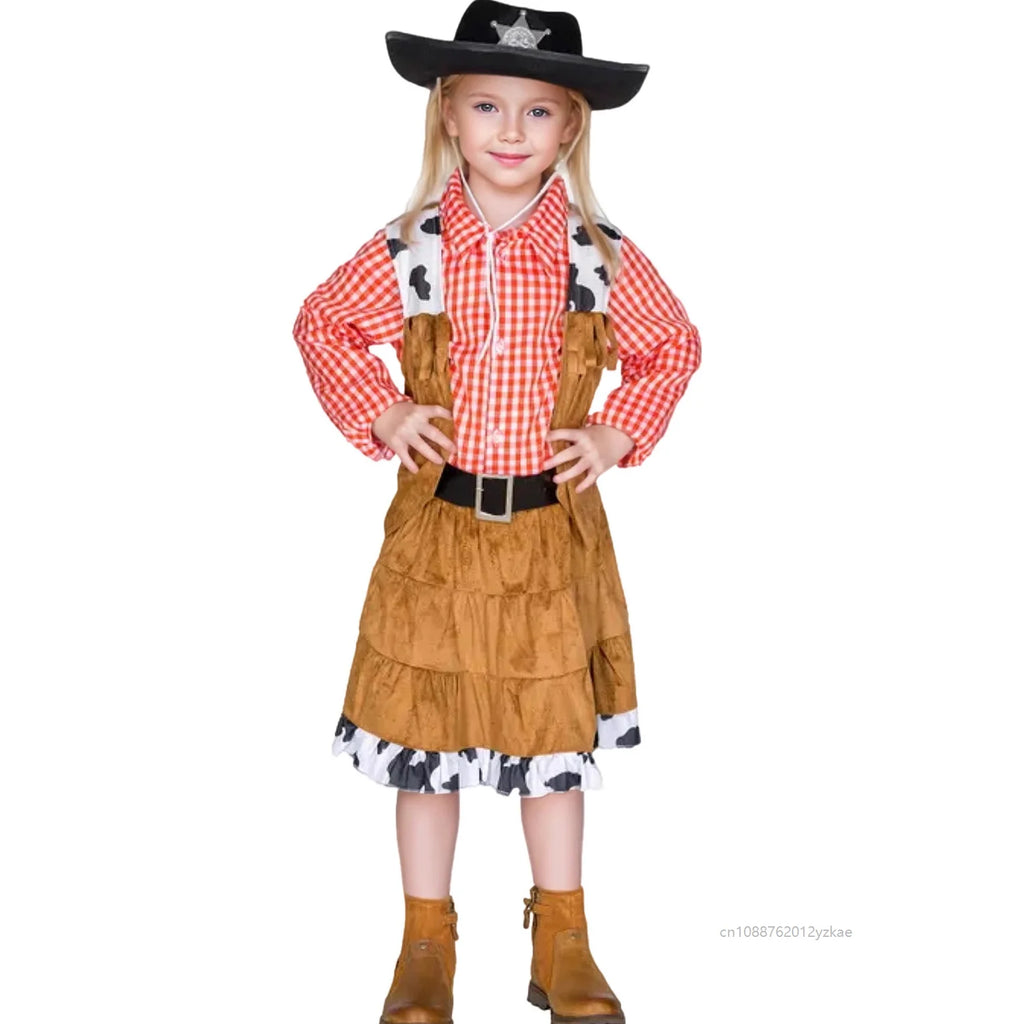 NovibebeCo. Kids Western Cowboy Halloween Costume - Checkered Vest & Skirt Set