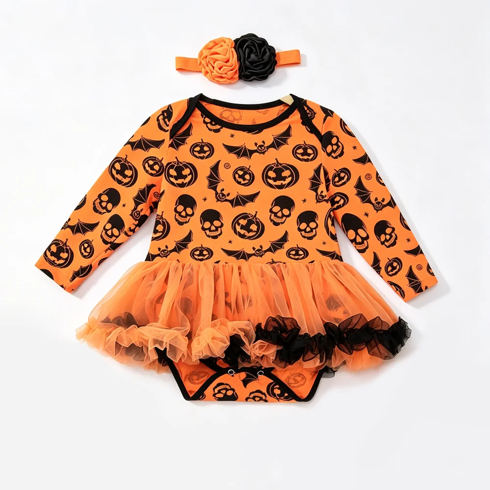 NovibebeCo. Baby Girl Halloween Tutu Romper Set - Pumpkin, Skull & Bat Print with Headband & Shoes