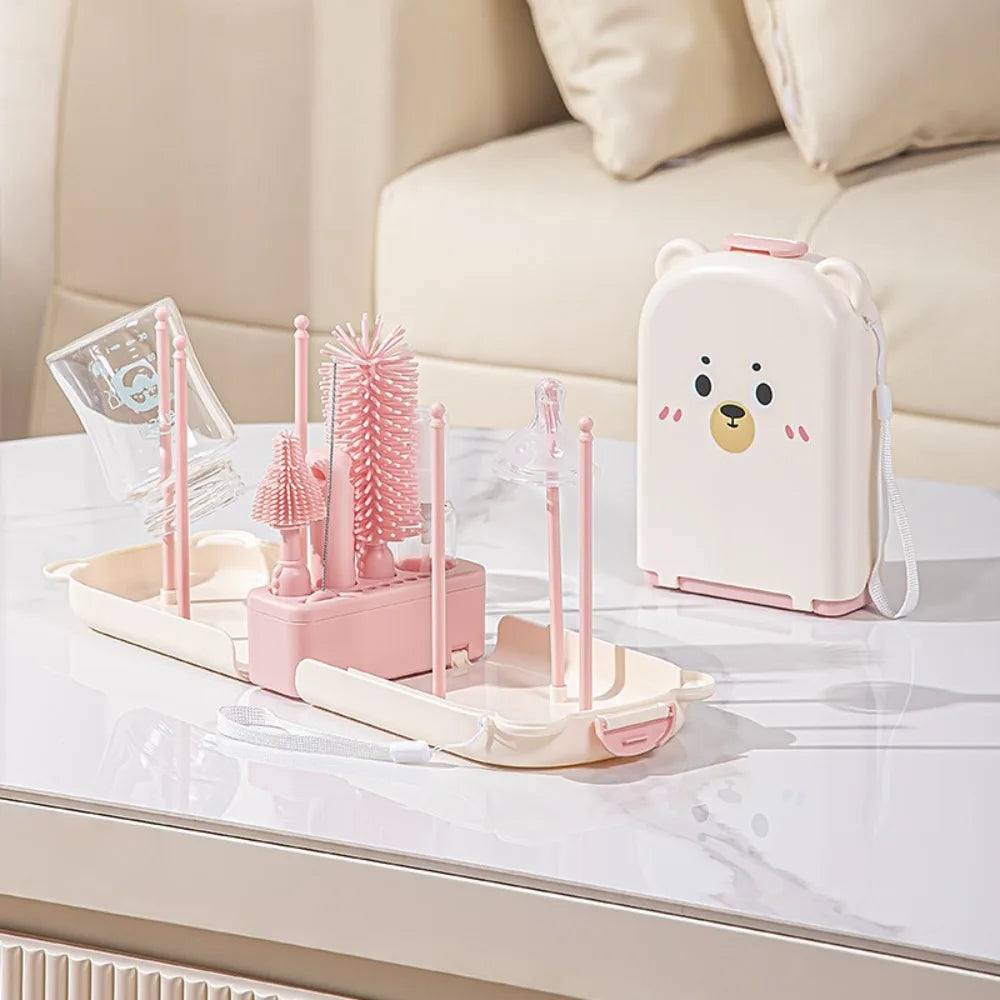 6-in-1 Baby Bottle Brush Set Built-in Drain Rack Drying Rack Nipple Straw Cleaning Brush Space Saving Portable
