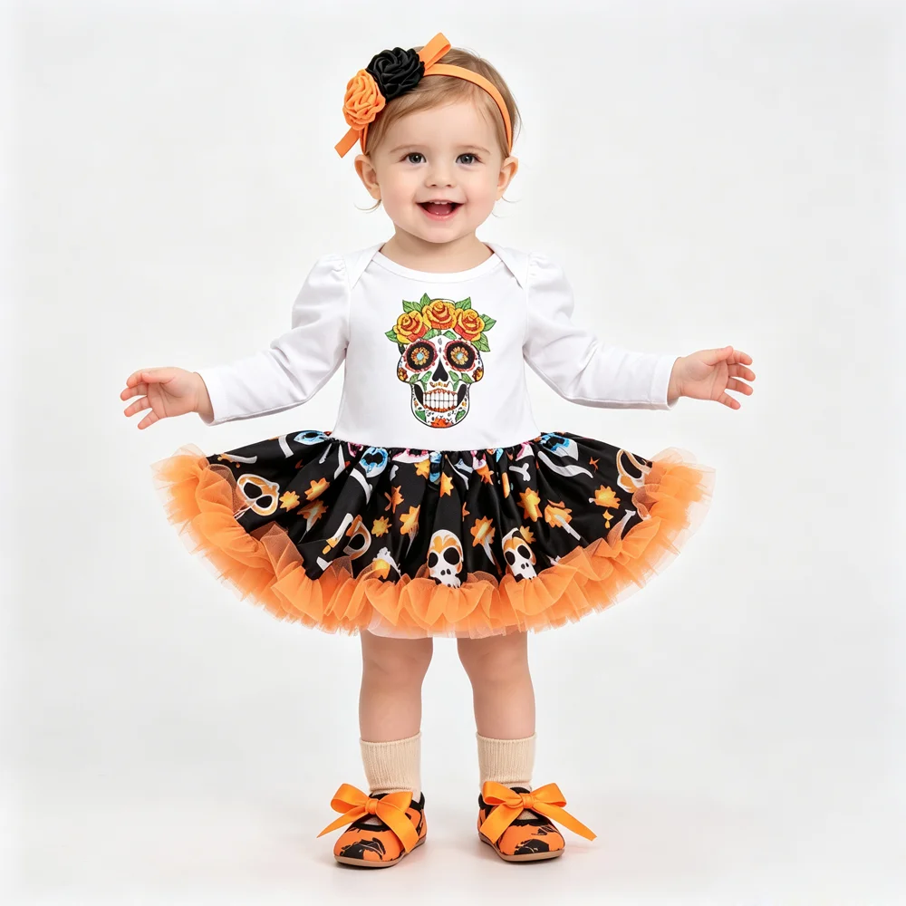 NovibebeCo. Baby Girl Halloween Tutu Romper Set - Pumpkin, Skull & Bat Print with Headband & Shoes