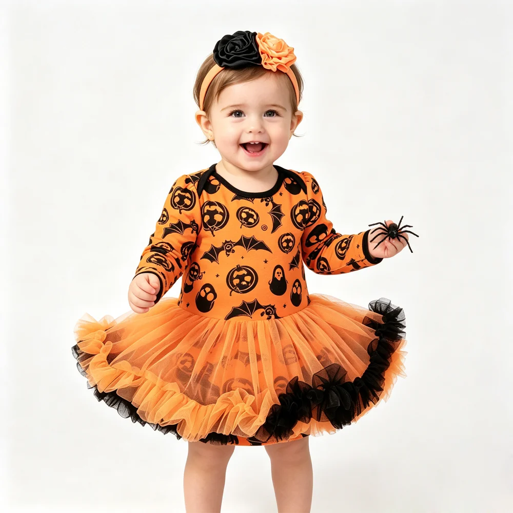 NovibebeCo. Baby Girl Halloween Tutu Romper Set - Pumpkin, Skull & Bat Print with Headband & Shoes