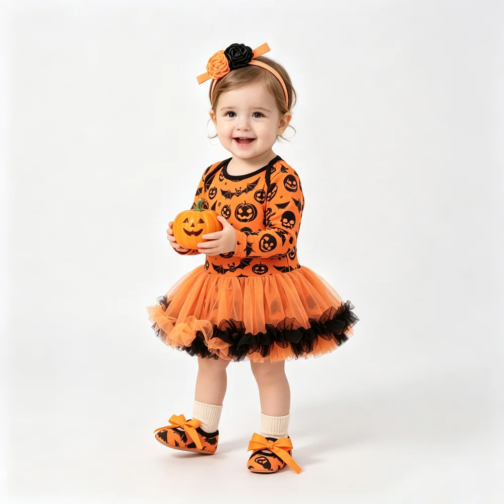 NovibebeCo. Baby Girl Halloween Tutu Romper Set - Pumpkin, Skull & Bat Print with Headband & Shoes