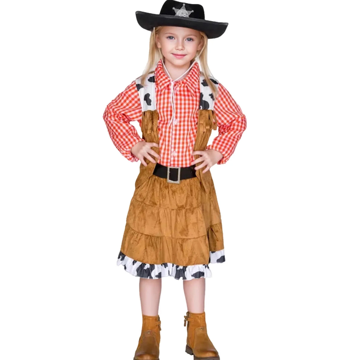 NovibebeCo. Kids Western Cowboy Halloween Costume - Checkered Vest & Skirt Set