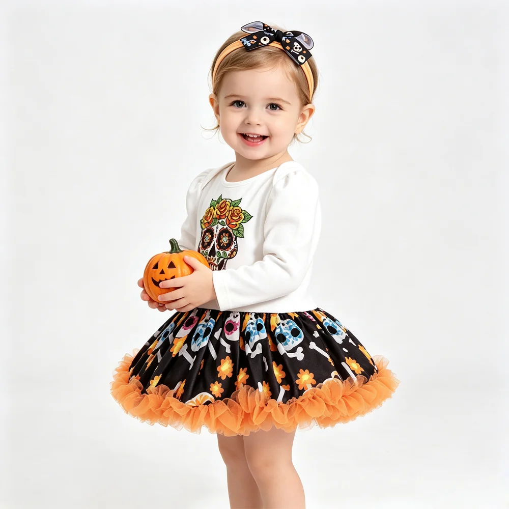 NovibebeCo. Baby Girl Halloween Tutu Romper Set - Pumpkin, Skull & Bat Print with Headband & Shoes