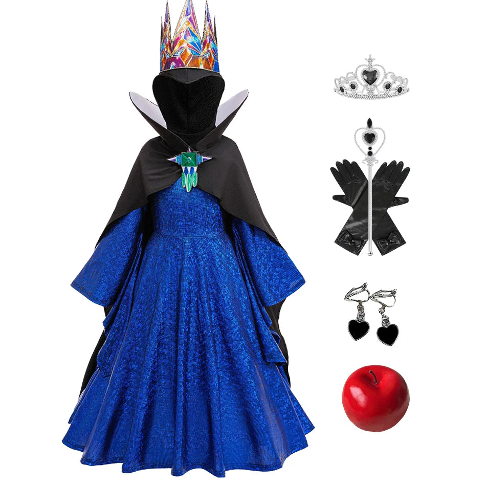 NovibebeCo. Girls Evil Queen Halloween Costume - Blue Gown, Black Cloak & Crown