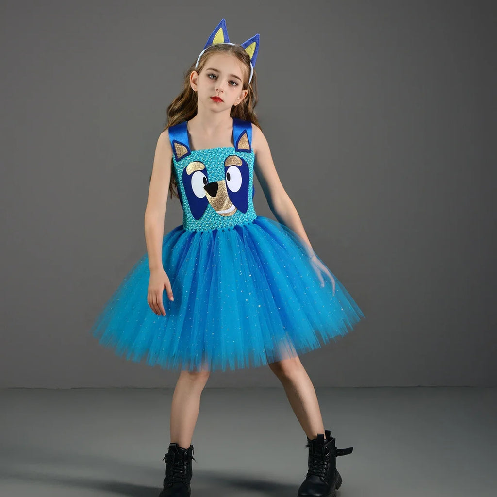 NovibebeCo. Girls Halloween Blue Doggy Tutu Dress Costume with Headband & Tail
