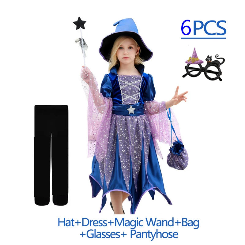 Girls’ Halloween Witch Costume Set with Hat & Wand