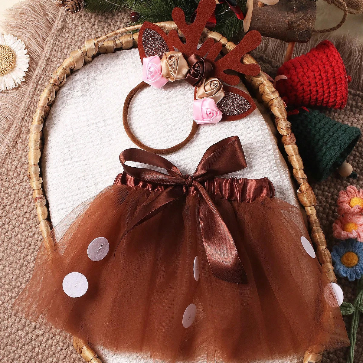 NovibebeCo. Baby Deer Reindeer Tutu Skirt Costume Set with Antler Headband