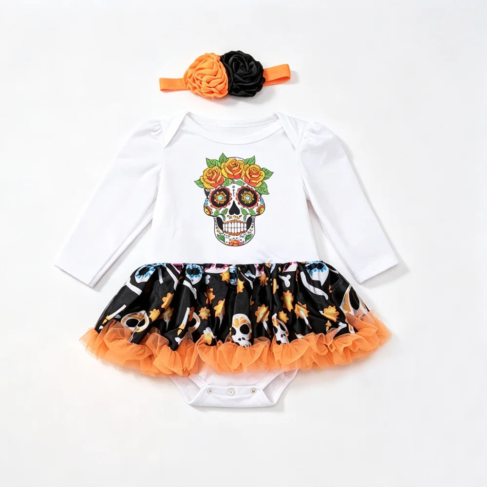 NovibebeCo. Baby Girl Halloween Tutu Romper Set - Pumpkin, Skull & Bat Print with Headband & Shoes