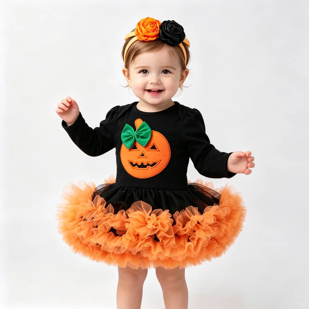 NovibebeCo. Baby Girl Halloween Tutu Romper Set - Pumpkin, Skull & Bat Print with Headband & Shoes