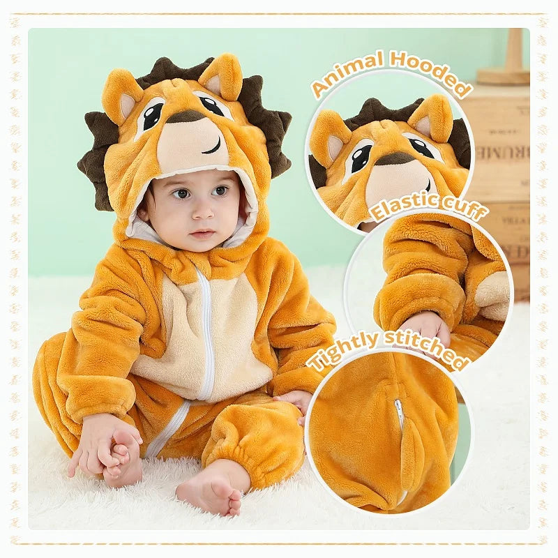 NovibebeCo. Baby Animal Hooded Flannel Halloween Jumpsuit - Panda, Tiger, Duck & More