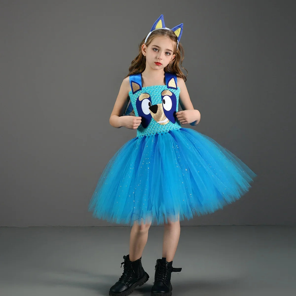 NovibebeCo. Girls Halloween Blue Doggy Tutu Dress Costume with Headband & Tail