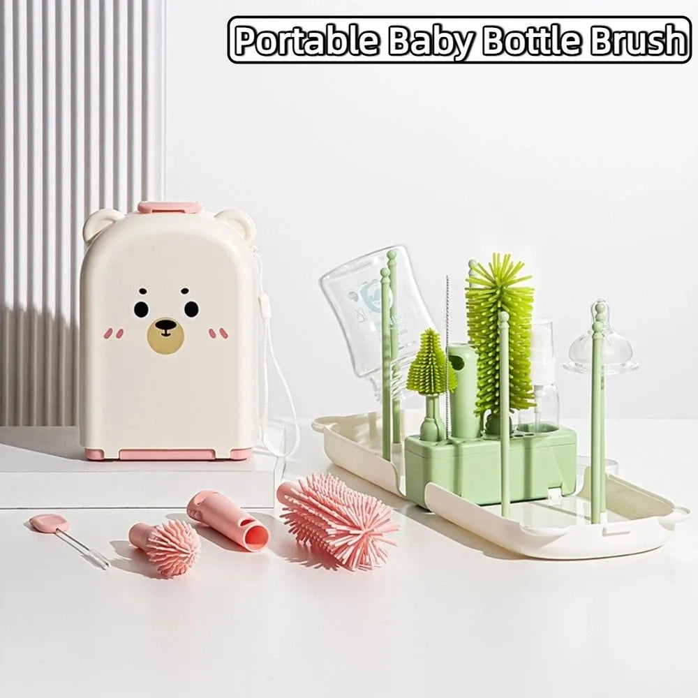 6-in-1 Baby Bottle Brush Set Built-in Drain Rack Drying Rack Nipple Straw Cleaning Brush Space Saving Portable