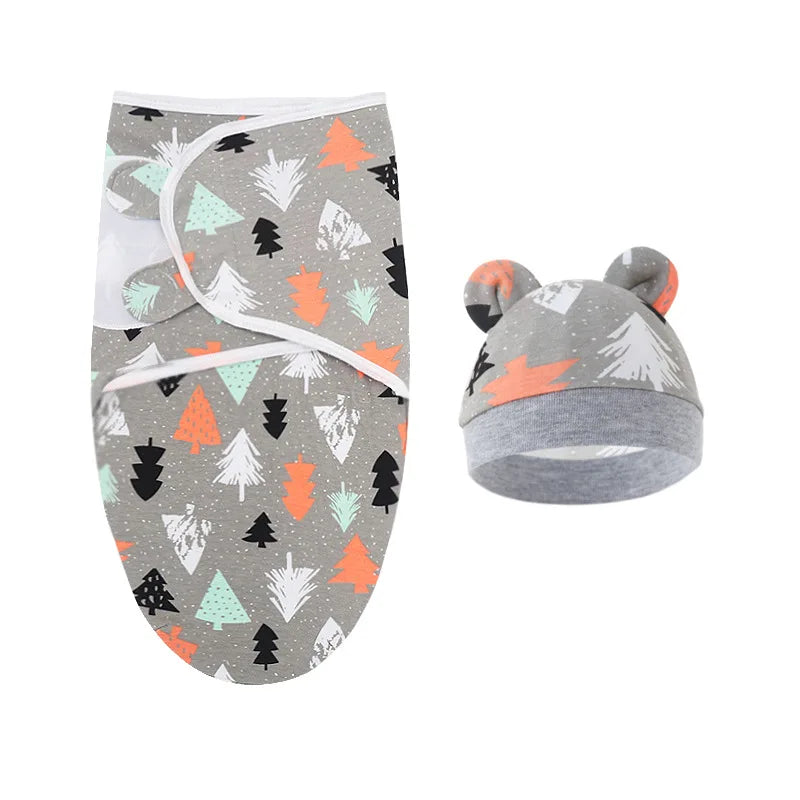 Baby Blanket Hat Set Cartoon Printed Cotton Newborn Swaddle Adjustable Infant Blankets Wraps Applicable All Seasons 0-6 Months