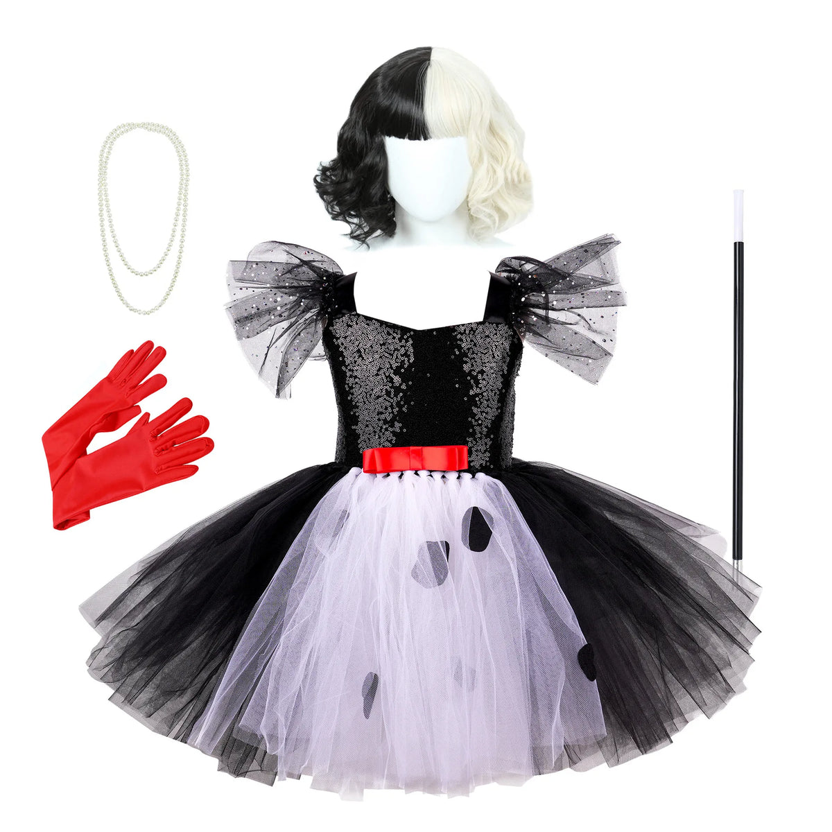 NovibebeCo. Girls Halloween Black & White Tutu Dress with Wig