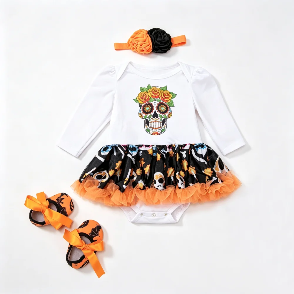 NovibebeCo. Baby Girl Halloween Tutu Romper Set - Pumpkin, Skull & Bat Print with Headband & Shoes