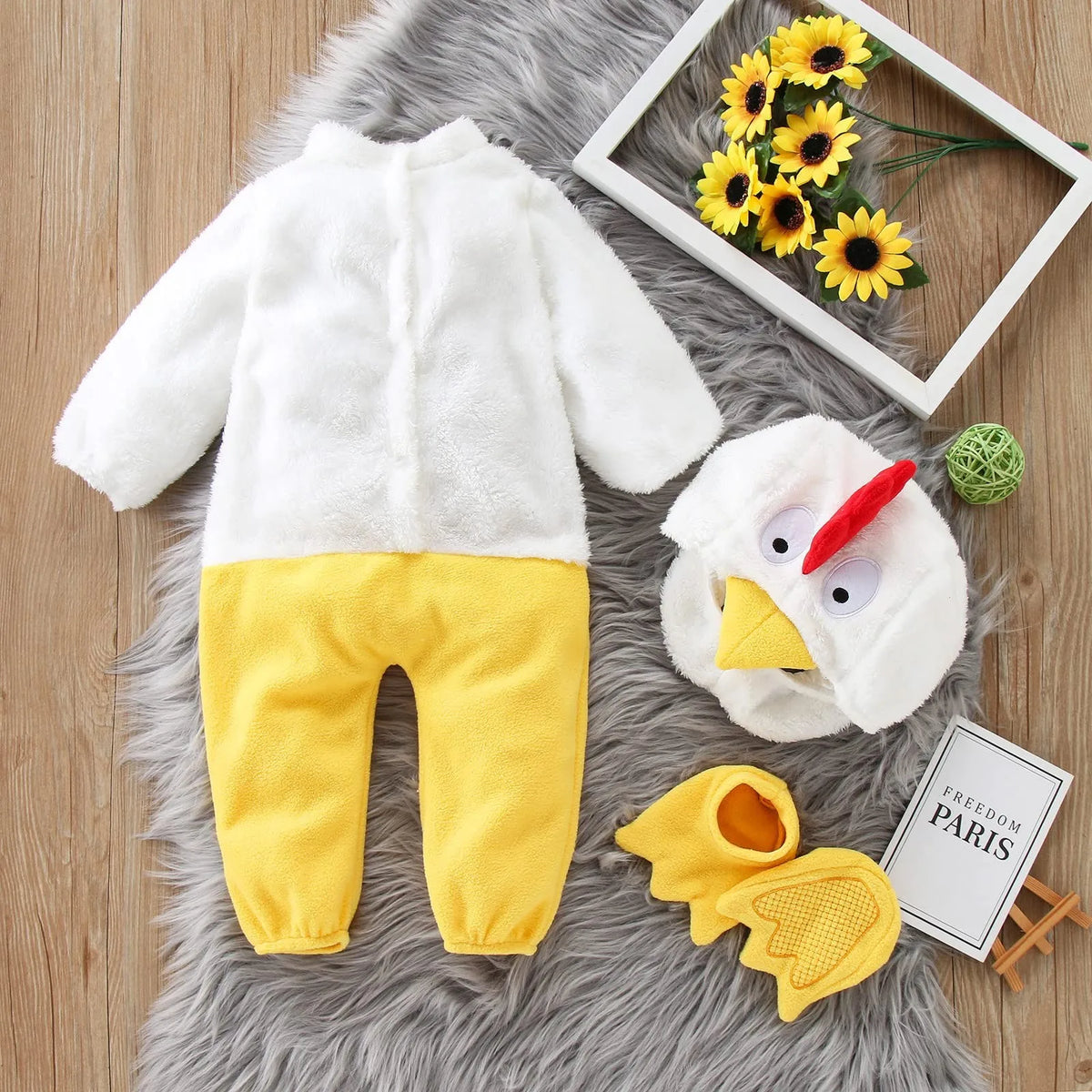 NovibebeCo. Baby Chicken Costume 3-Piece Set - Fleece Romper, Hat & Pants