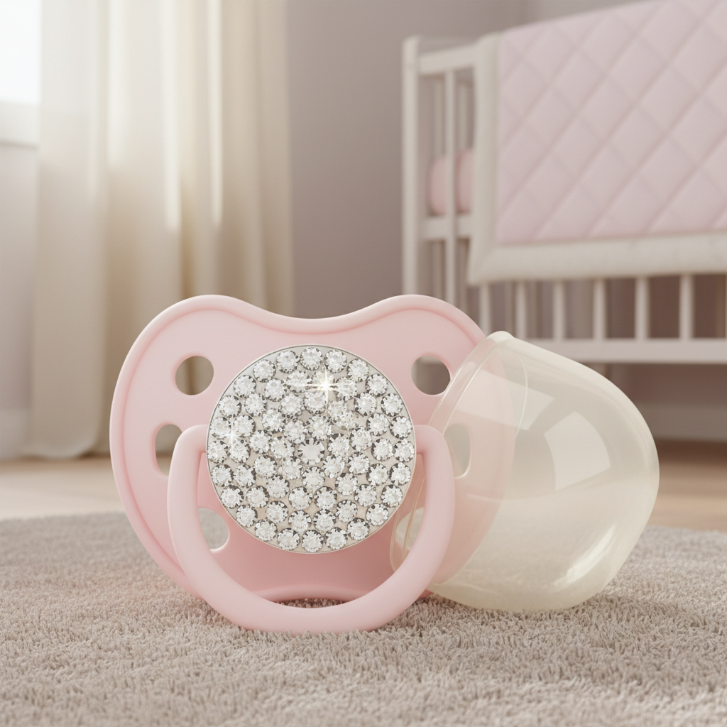 Illustrative decorative silicone baby pacifier with cover lid in a soft nursery setting