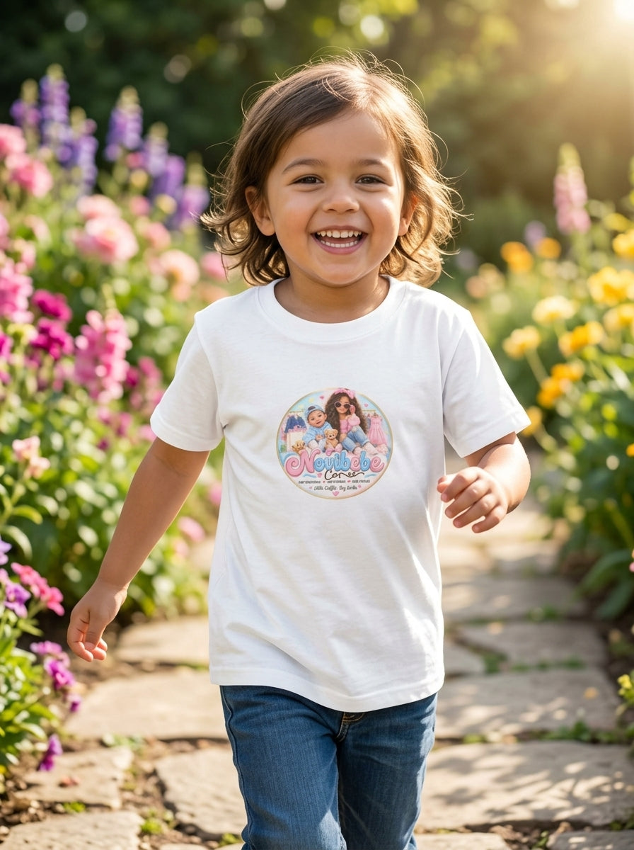 NovibebeCo. Kids Graphic Tee - Child Model Lifestyle Outdoor Garden Scene