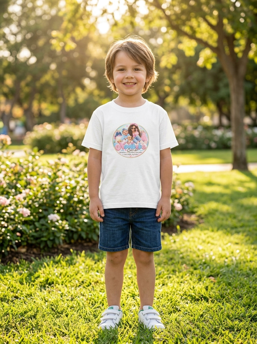 NovibebeCo. Kids Graphic Tee - Child Model Full Look in Outdoor Park